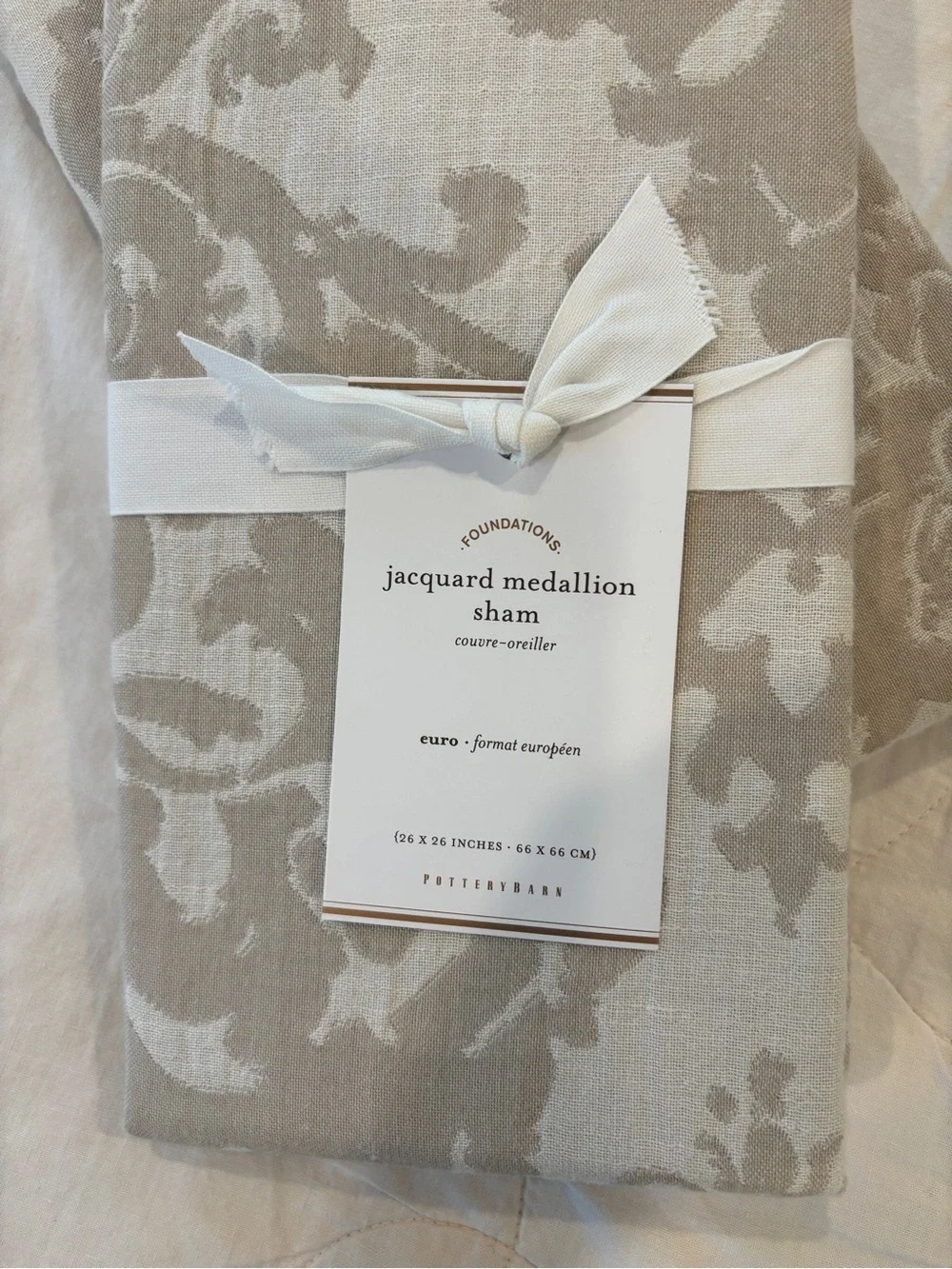Set of 2 Pottery Barn Neutral Jacquard Medallion Euro Shams - Beige & Linen, NWT